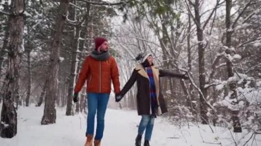 Genç bir çift kar yağarken parkta yürüyor. Erkek ve kız arkadaşı kış gününde el ele tutuşup karın tadını çıkarıyorlar. Hippi kadın, şık giyinmiş erkek arkadaşıyla karlı ormanda gülümsüyor..