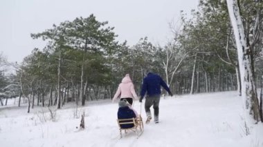Karlı kış gününde mutlu aile kızakları. Baba ve anne kızlarını kar yağarken kızağa çekiyor. Oğlan ve kız açık havada kızak çekerler. İnsanlar kızağa biniyor ve Noel tatilinin tadını çıkarıyor. Yavaş çekim.