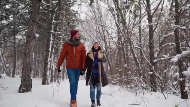 Fiatal szerelmespár sétál egy parkban a hóesésen. A férfi és a barátnője kéz a kézben élvezik a havat télen. Hipster nő séta a havas erdőben mosolygós barátjával elegáns ruhákban. — Stock videók