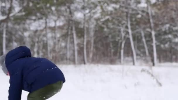 Mãe feliz e filho jogar bolas de neve, jogar pó na floresta no dia de inverno gelado. Mulher e menino em roupa de inverno elegante têm uma batalha de neve, aproveite o primeiro tempo nevado no parque florestal. Movimento lento . — Vídeo de Stock