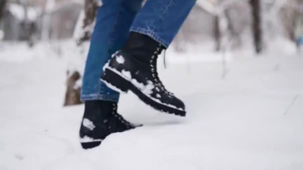 愛する女性の足は雪の上の公園で彼女のパートナーを満たすために歩く。一緒に雪の冬の日を楽しんでデートのロマンチックなカップル。女は雪の森で彼氏を抱きかかえてキスする。バレンタインデー. — ストック動画