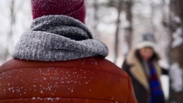 Jovem mulher amorosa caminha do desfoque e abraça seu parceiro sorrindo em um parque na queda de neve. Casal romântico desfrutando dia de inverno nevado juntos. Hipster mulher abraçar seu namorado na floresta nevada . — Vídeo de Stock