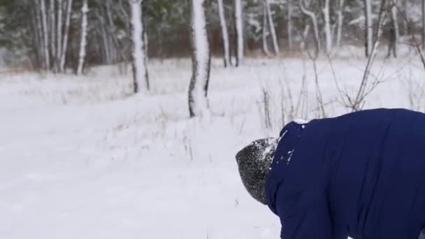 Padre, madre, figlio e figlioletta giocano a palle di neve nel bosco il giorno nevoso. Amichevole famiglia elegante divertirsi con gettare la neve nella foresta. Alla gente piacciono le vacanze invernali insieme. Rallentatore . — Video Stock