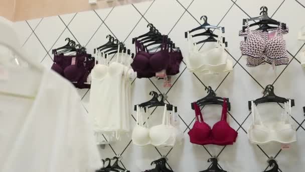 Mostra da loja de lingerie feminina. Bras em cabides. Boutique de roupa interior feminina de alta qualidade. Diferentes estilos e padrões de sutiãs. Atraente romântico e casa loja de roupas . — Vídeo de Stock