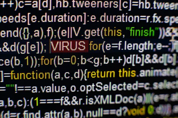 Makro zdjęcie ekranu komputera z kodem źródłowym programu i podkreślił napis wirusa w środku. Scenariusz na ekranie z wirusem w środku. Koncepcja cyberbezpieczeństwa. Kontekst technologii. — Zdjęcie stockowe