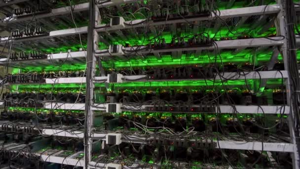 Großes kabelgebundenes Internet-Rechenzentrum. Kryptowährungsbergbaugeräte auf einem großen Bauernhof. ASIC-Minenarbeiter auf Standbrettern fördern Bitcoin im Serverraum. Supercomputer blinkt mit Lichtern. Immer noch Stativschuss.