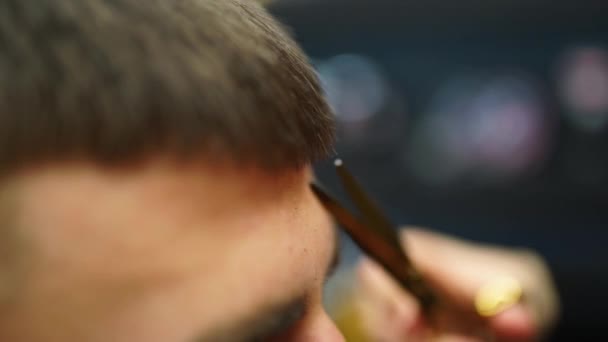 Kapper meisje knipt mans haar met schaar en kam. Vrouwelijke haarsnijder werkzaam ten dienste van cliënt. Stijlvolle man zittend in een vintage kappersstoel. Haarstylist vrouw doet trendy kapsel. Blauwe wijting. — Stockvideo