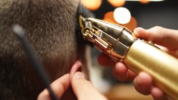Модний перукар розрізає волосся бородатого чоловіка за допомогою затискача в перукарні. Чоловіча стрижка волосся і різання волосся в салоні. Вирощування волосся тримером. Перукар робить зачіску в ретро перукарні . — стокове відео