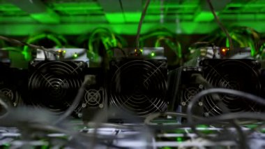 Büyük çiftlikteki kripto para madenciliği ekipmanları. ASIC madencileri sunucu odasında bitcoin 'i rafa kaldırıyor. Entegre devre engelleme teknolojisi uygulaması. Steadycam geri çekiliyor.