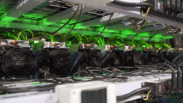 Almacenamiento grande del centro de datos de Internet cableado. Criptomoneda equipos de minería en la granja grande. ASIC mineros en estantes de soporte mina bitcoin en la sala de servidores. Supercomputadora parpadeando con luces. Cámara deslizante . — Vídeo de stock