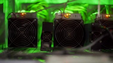 Büyük kablolu internet veri tabanı deposu. Büyük çiftlikteki kripto para madenciliği ekipmanları. ASIC madencileri sunucu odasında bitcoin 'i rafa kaldırıyor. Süper bilgisayar ışıklarla yanıp sönüyor. Kaydırma kamerası.