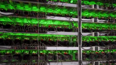 Büyük çiftlikteki kripto para madenciliği ekipmanları. ASIC madencileri sunucu odasında bitcoin 'i rafa kaldırıyor. Entegre devre engelleme teknolojisi uygulaması. Kaydırma kamerası.