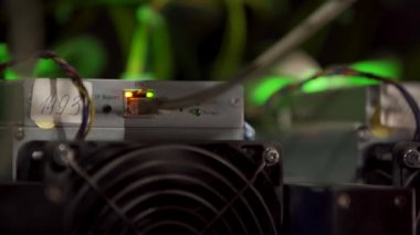 Büyük çiftlikteki kripto para madenciliği ekipmanları. ASIC madencileri sunucu odasında bitcoin 'i rafa kaldırıyor. Entegre devre engelleme teknolojisi uygulaması. Üçayaklı panorama.