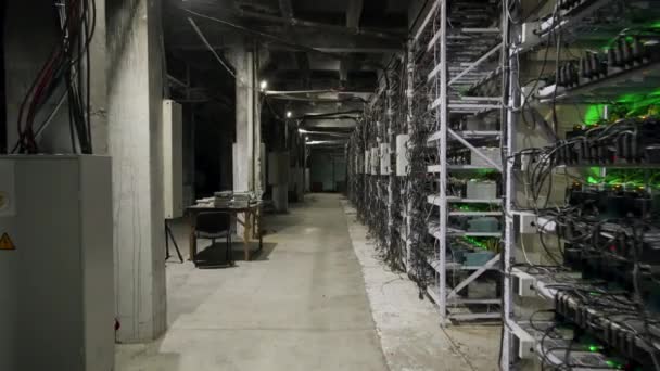 Large wired internet datacenter storage. Cryptocurrency mining equipment on large farm. ASIC miners on stand racks mine bitcoin in server room. Supercomputer blinking with lights. Steadycam footage. — Stock Video