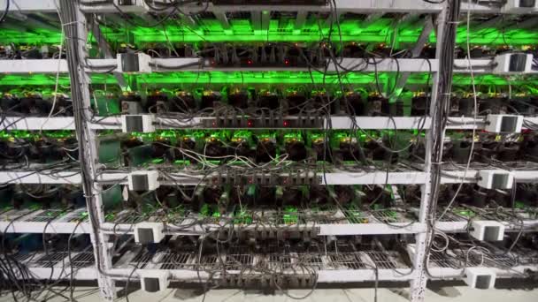 Grande armazenamento de datacenter de internet com fio. Equipamento de mineração criptomoeda em grande fazenda. Mineiros ASIC em stand racks mina bitcoin na sala do servidor. Supercomputador piscando com luzes. Inclinação do tripé . — Vídeo de Stock