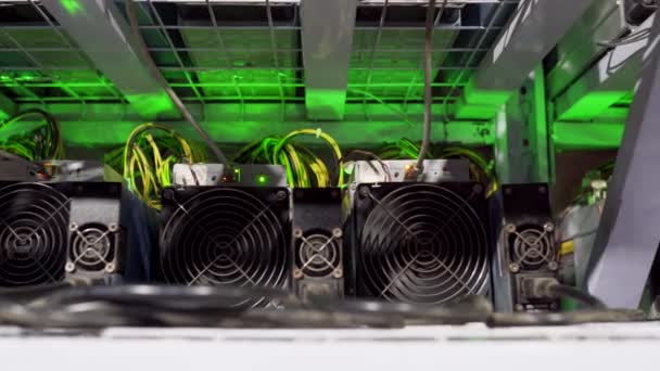 Matériel minier crypto-monnaie sur grande ferme. mineurs ASIC sur supports de stand mine Bitcoin dans la salle des serveurs. Circuit intégré spécifique d'application de technologie de blockchain. Slider caméra . — Video