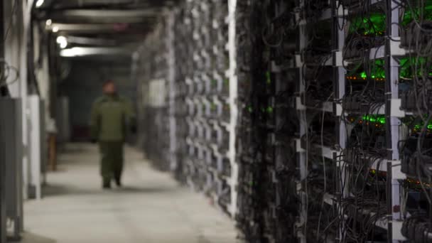 Data center diagnostics technician walks along the mining equipment racks in server room. Network administrator checks large computing cluster with network hardware. ASIC miners service engineer. — Stock Video