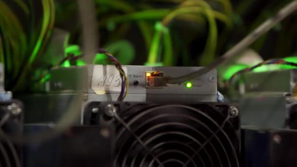 Grote bekabelde internet datacenter opslag. Cryptogeld mijnbouw apparatuur op grote boerderij. ASIC mijnwerkers op tribune rekken de mijne Bitcoin in serverruimte. Supercomputer knippert met lichten. Zoom. — Stockvideo