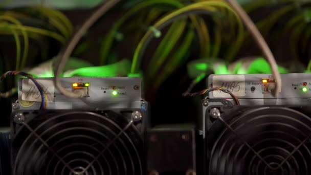 Büyük çiftlikteki kripto para madenciliği ekipmanları. ASIC madencileri sunucu odasında bitcoin 'i rafa kaldırıyor. Entegre devre engelleme teknolojisi uygulaması. Üçayaklı panorama. — Stok video