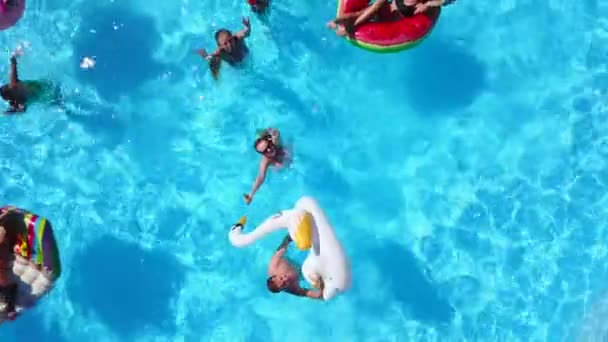 Aérea de amigos teniendo fiesta en piscina con flamenco inflable, cisne, colchón. Los jóvenes felices saludan con las manos a la cámara de drones en un resort de lujo. Vista desde arriba. Chicas en bikini tomando el sol. — Vídeos de Stock