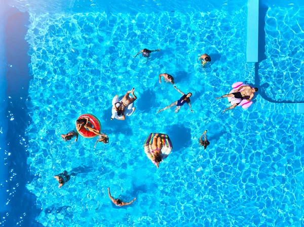 Aérea de amigos teniendo fiesta en piscina con flamenco inflable, cisne, colchón. Los jóvenes felices se relajan en un resort de lujo en un día soleado. Vista desde arriba. Chicas en bikini tomando el sol en un sol. —  Fotos de Stock