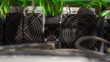 Büyük çiftlikteki kripto para madenciliği ekipmanları. ASIC madencileri sunucu odasında bitcoin 'i rafa kaldırıyor. Entegre devre engelleme teknolojisi uygulaması. Kaydırma kamerası.