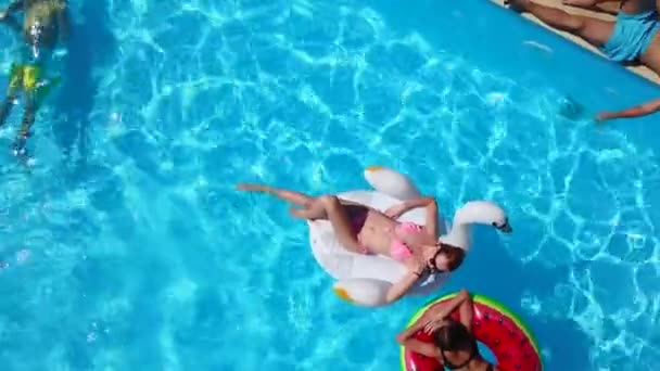 Luchtfoto. Vrienden lagen te zonnebaden op opblaasbare flamingo, zwaan, drijvers en ligstoelen. Vrolijke jongeren baden op luchtmatrassen in luxe resort. Zicht van bovenaf. Meisjes in bikini zonnebaden in de zon — Stockvideo