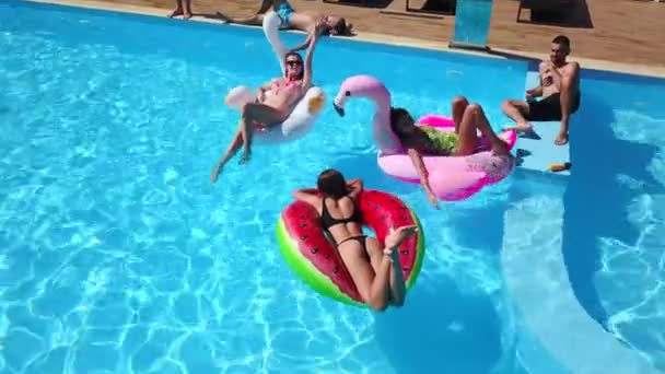 Aérea de amigos teniendo fiesta en piscina con flamenco inflable, cisne, colchón. Los jóvenes felices saludan con las manos a la cámara de drones en un resort de lujo. Vista desde arriba. Chicas en bikini tomando el sol. — Vídeos de Stock