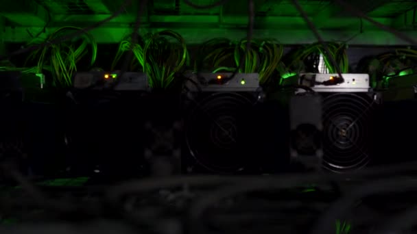 Stor kabelforbundet internet datacenter opbevaring. Cryptocurrency minedrift udstyr på stor gård. ASIC minearbejdere på stativ stativer mine Bitcoin i serverrummet. Supercomputer blinker med lys. Lyseffekter . – Stock-video