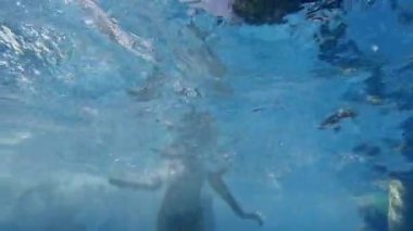 Arkadaşların parti banyosu yaptığı ve özel tatil havuzu havuzunda yüzdüğü sualtı videoları. Mayo giyen, dans eden, kaynaşan ve güneşli bir günde tatil köyünde gece kulüplerine giden mutlu gençler. Yavaş çekim.