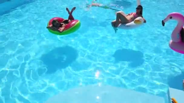 Aerial. Friends lay tanning on inflatable flamingo, swan, floaties and loungers. Happy young people bathe on air mattresses in luxury resort. View from above. Girls in bikini sunbathing in sun — Stock Video