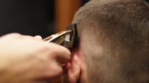 Trendy barber cuts bearded mans hair with a clipper in barbershop. Mens hairstyling and hair cutting in salon. Grooming the hair with trimmer. Hairdresser doing haircut in retro hair salon. — Stock Video