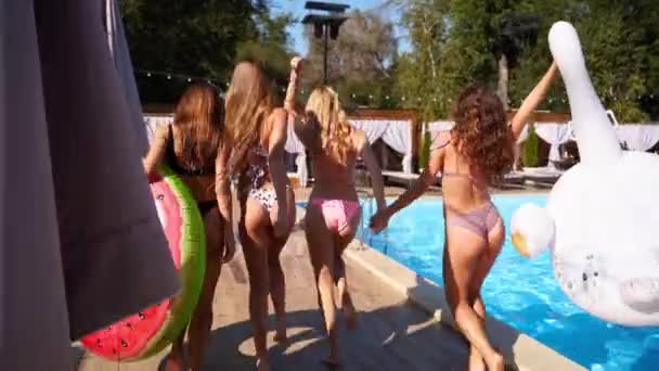 Snygga tjejer i bikini går med uppblåsbar svan, simmar vid poolen, ger high five. Attraktivt utrustade kvinnor i baddräkt har kul hängande på sommarfest på resort. Bakifrån, formade rumpor. — Stockvideo