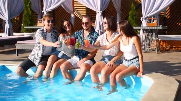 Grupo de amigos divirtiéndose en la fiesta junto a la piscina tintineando vasos con cócteles frescos sentados junto a la piscina en el soleado día de verano. La gente brinda bebiendo bebidas en una villa de lujo en vacaciones tropicales. — Vídeo de stock