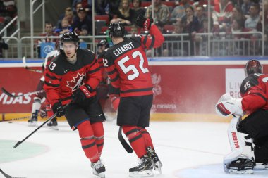 Letonya, Riga 2018.05.01-Arena Riga. Kanada rakip takım Letonya ön turnuva oyun, pre-IIHF Dünya Şampiyonası eylem takım.