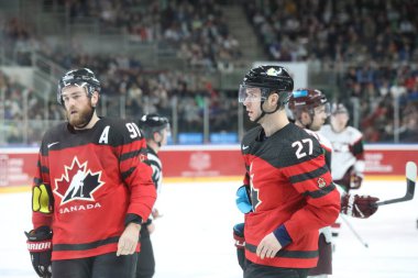 Letonya, Riga 2018.05.01-Arena Riga. Kanada rakip takım Letonya ön turnuva oyun, pre-IIHF Dünya Şampiyonası eylem takım.