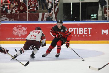 Letonya, Riga 2018.05.01-Arena Riga. Kanada rakip takım Letonya ön turnuva oyun, pre-IIHF Dünya Şampiyonası eylem takım.