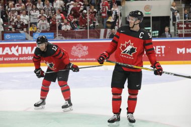 Letonya, Riga 2018.05.01-Arena Riga. Kanada rakip takım Letonya ön turnuva oyun, pre-IIHF Dünya Şampiyonası eylem takım.