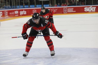 Letonya, Riga 2018.05.01-Arena Riga. Kanada rakip takım Letonya ön turnuva oyun, pre-IIHF Dünya Şampiyonası eylem takım.