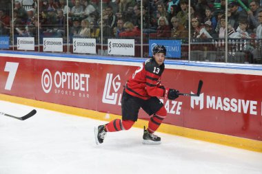 Letonya, Riga 2018.05.01-Arena Riga. Kanada rakip takım Letonya ön turnuva oyun, pre-IIHF Dünya Şampiyonası eylem takım.
