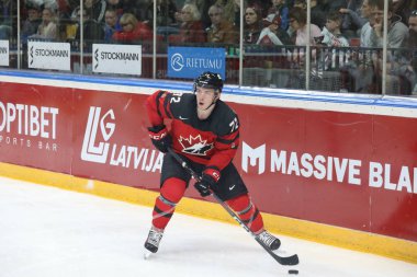 Letonya, Riga 2018.05.01-Arena Riga. Kanada rakip takım Letonya ön turnuva oyun, pre-IIHF Dünya Şampiyonası eylem takım.