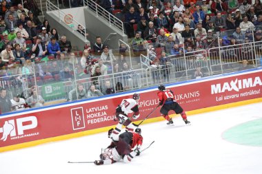 Letonya, Riga 2018.05.01-Arena Riga. Kanada rakip takım Letonya ön turnuva oyun, pre-IIHF Dünya Şampiyonası eylem takım.