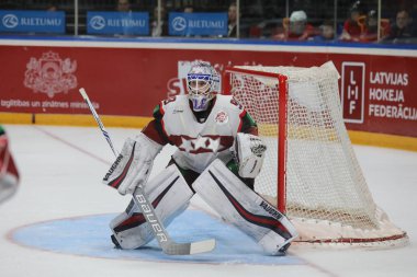 Letonya, Riga 2018.05.01-Arena Riga. Kanada rakip takım Letonya ön turnuva oyun, pre-IIHF Dünya Şampiyonası eylem takım.