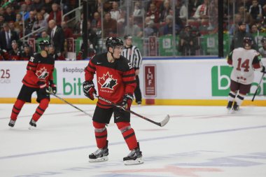 Letonya, Riga 2018.05.01-Arena Riga. Kanada rakip takım Letonya ön turnuva oyun, pre-IIHF Dünya Şampiyonası eylem takım.