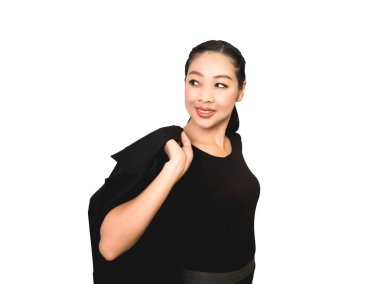 Siyah elbiseli mutlu iş Asyalı kadın.