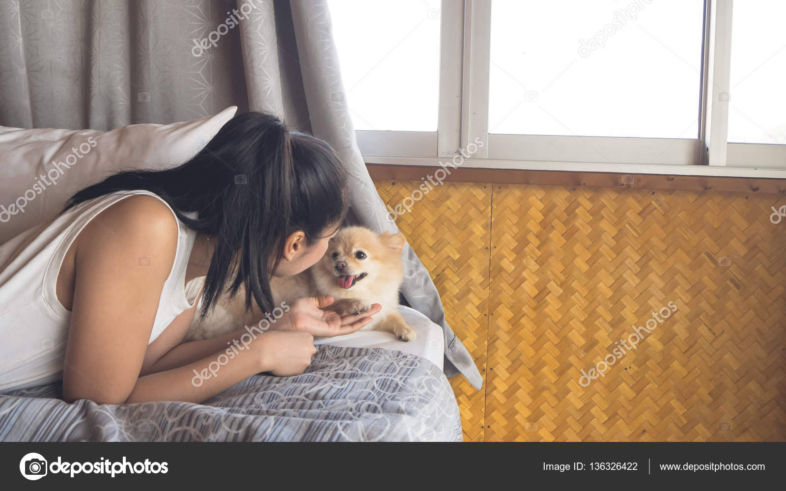 Frau mit Hund im Schlafzimmer entspannen — Stockfoto © sevendeman ... Frau mit Hund im Schlafzimmer entspannen — Stockfoto © sevendeman ...