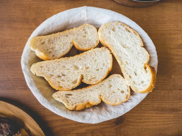 Sliced Breads Basket Wooden Table — Stock Photo, Image