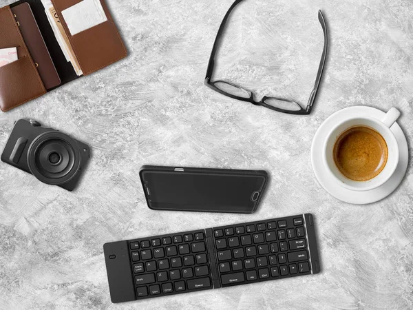 Top View Hipster Smartphone Mini Office Traveling Working — Stock Photo, Image