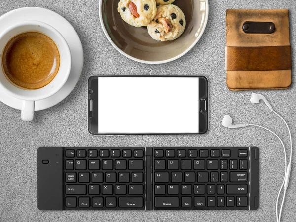 Top View Mobile Office Working Smartphone Bluetooth Keyboard Cafe Digital — Stock Photo, Image