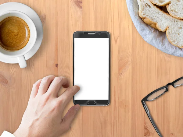 Top view of person hand touch empty display of smartphone with breads and coffee in cafe.